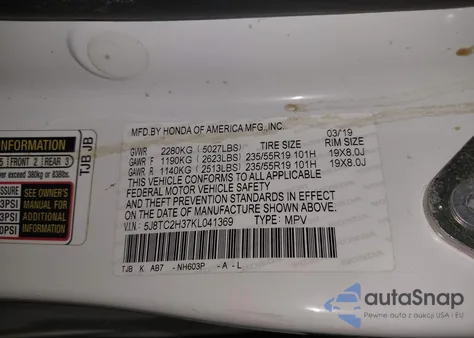 2019 Acura Rdx Standard z USA, uszkodzony, nr VIN 5J8TC2H37KL041369